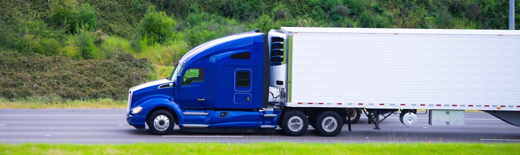Modern dark blue semi truck reefer trailer profile on green road